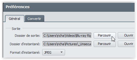 Menu des préférences